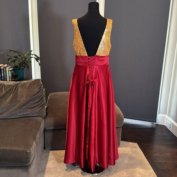 Women’s Gold Sequined Bodice V-Neck Red Satin Prom Party Dress *Size M/L - Picture 5 of 11